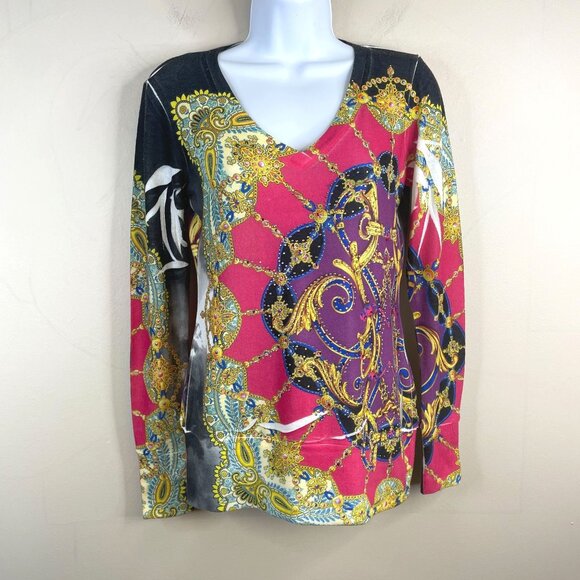 Vintage Y2K Cache Womens Statement Sweater Size XS Baroque AOP Artsy Glam Party - Picture 1 of 14